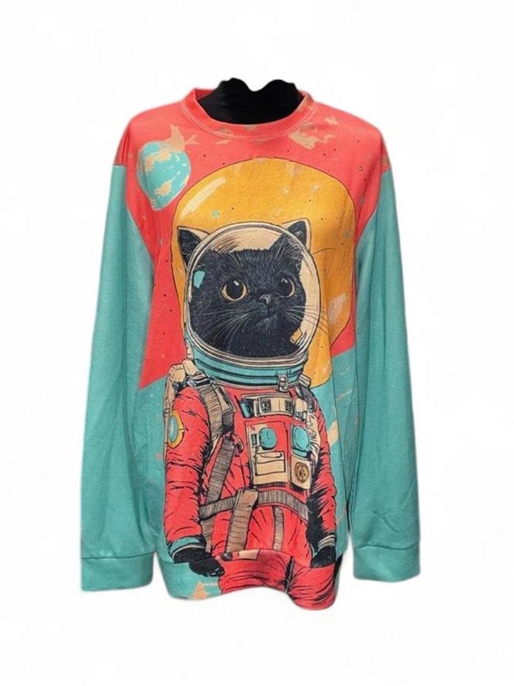 Space Cat long sleeve - Teal & Coral